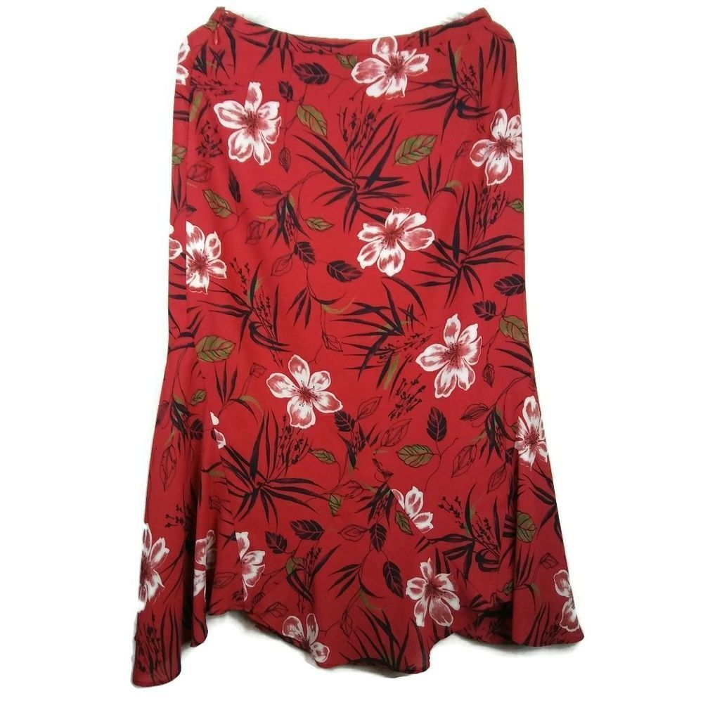 PENDLETON MIDI‎ Skirt Women Sz 8 Swing Hem Red Floral Hawaiian Coastal Beachy